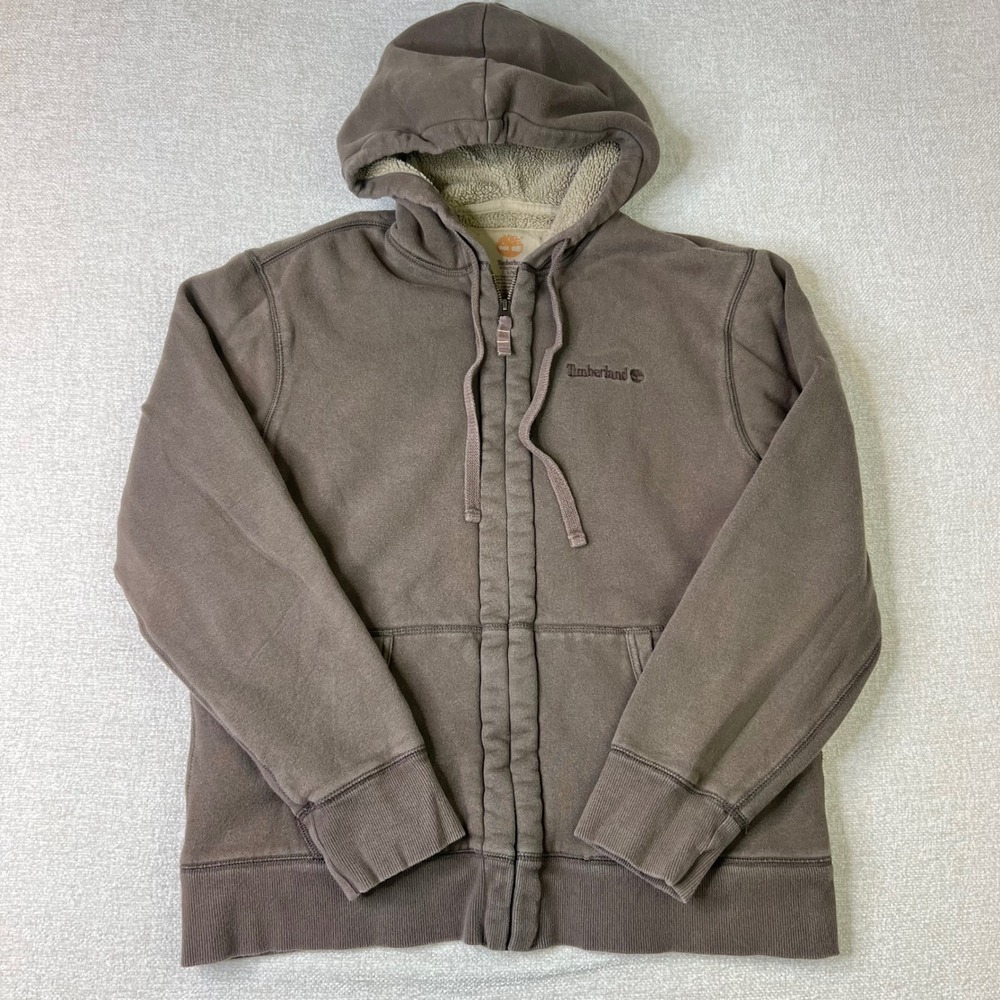 Timberland Mens Brown Sherpa Lined Full Zip Hoodie Jacket Large Y2K